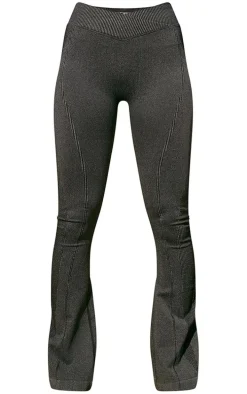 PLT SPORT Black Acid Wash Seamless Rib Panel Cross Front Flared Yoga Pants