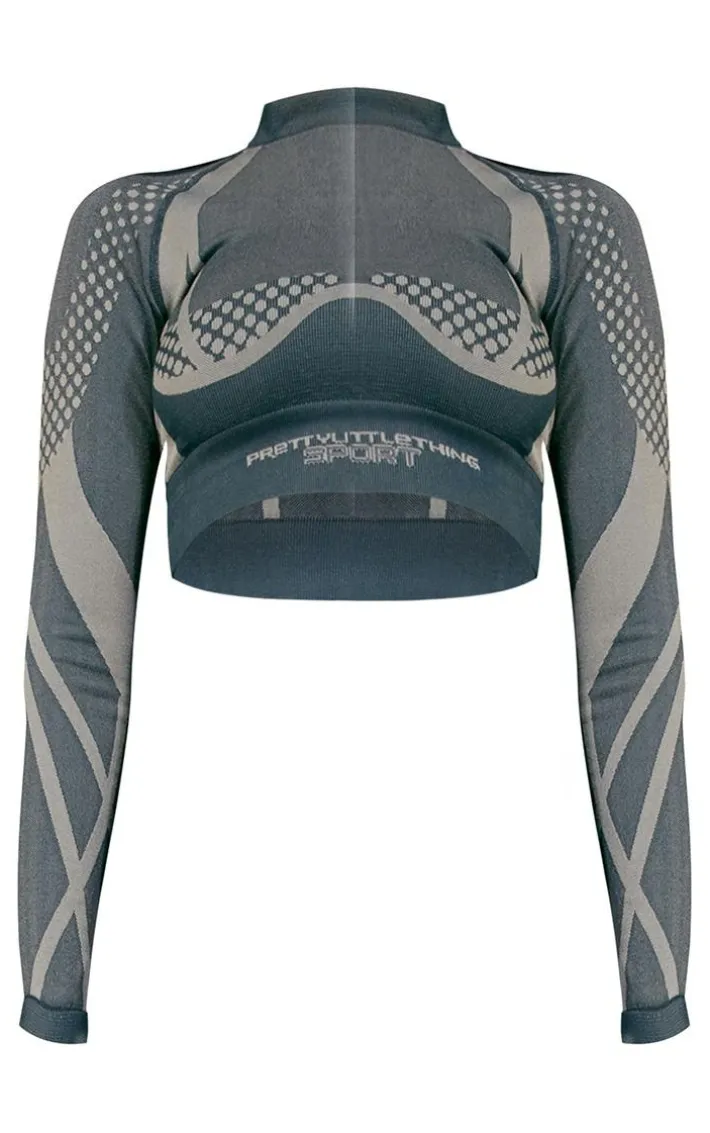 PLT SPORT Black Jacquard Seamless Contrast Cropped Long Sleeve Gym Top