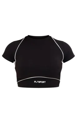 PLT SPORT Black Sculpt Contrast Binding Tie Detail Crop Top