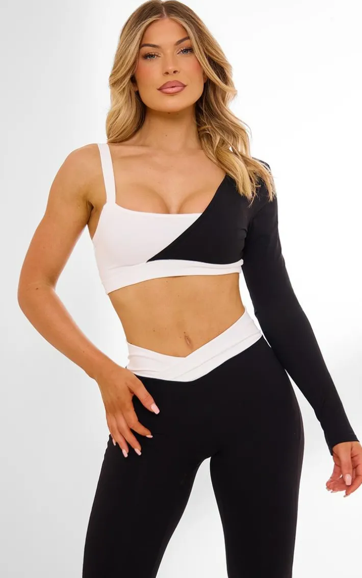 PLT Sport Black Sculpt Contrast Square Neck One Sleeve Crop Top