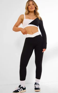 PLT Sport Black Sculpt Contrast Square Neck One Sleeve Crop Top