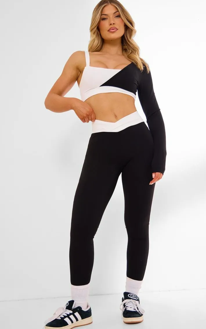 PLT Sport Black Sculpt Contrast Square Neck One Sleeve Crop Top