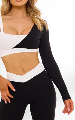 PLT Sport Black Sculpt Contrast Square Neck One Sleeve Crop Top