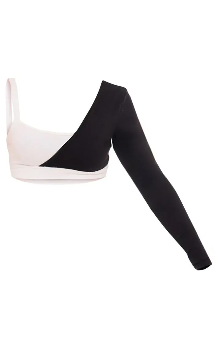 PLT Sport Black Sculpt Contrast Square Neck One Sleeve Crop Top