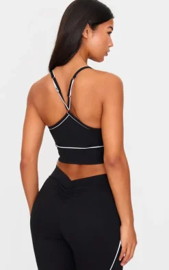 PLT SPORT Black Sculpt Square Neck Strappy Back Contrast Binding Crop Top