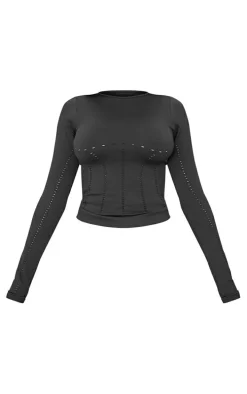 PLT SPORT Black Seamless Laser Cut Long Gym Top