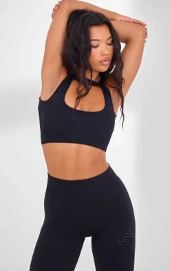 PLT SPORT Black Seamless Contrast Rib Cage Back Sports Bra