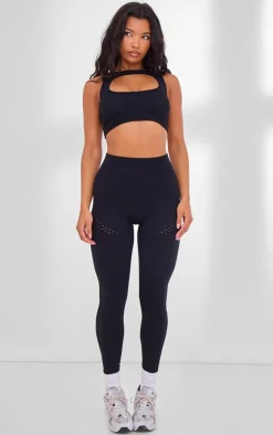 PLT SPORT Black Seamless Contrast Rib Cage Back Sports Bra