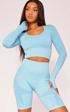 PLT SPORT Bright Blue Seamless Contrast Detail Long Sleeve Crop Top