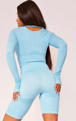 PLT SPORT Bright Blue Seamless Contrast Detail Long Sleeve Crop Top