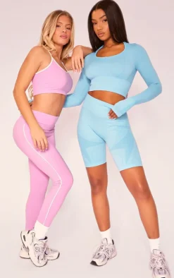 PLT SPORT Bright Blue Seamless Contrast Detail Long Sleeve Crop Top