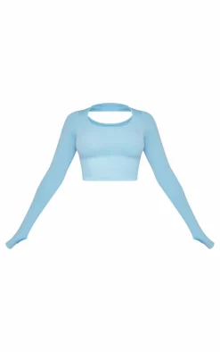 PLT SPORT Bright Blue Seamless Contrast Detail Long Sleeve Crop Top