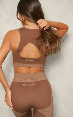 PLT SPORT Brown Jacquard Seamless Open Back Racer Neck Top