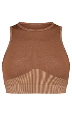 PLT SPORT Brown Jacquard Seamless Open Back Racer Neck Top