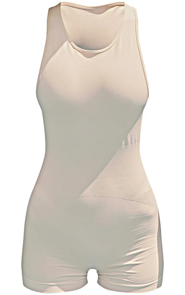 PLT SPORT Cream Seamless Ruched Bum Racer Back Unitard