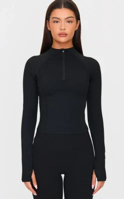 PLT SPORT Deep Black Sculpt Quarter Zip Gym Top