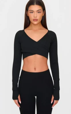 PLT SPORT Deep Black Sculpt Crossover Long Sleeve Gym Crop Top
