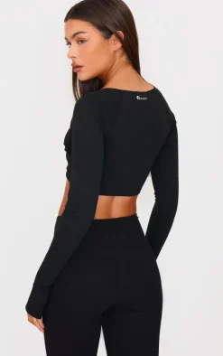 PLT SPORT Deep Black Sculpt Crossover Long Sleeve Gym Crop Top