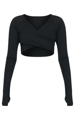 PLT SPORT Deep Black Sculpt Crossover Long Sleeve Gym Crop Top