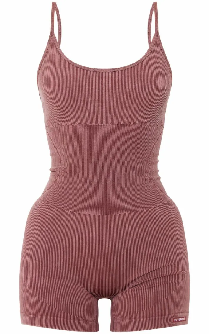 PLT SPORT Deep Brown Acid Wash Seamless Rib Mini Gym Unitard