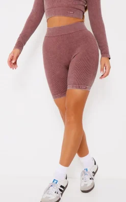 PLT SPORT Deep Brown Acid Wash Seamless Rib Ruched Bum Booty Shorts