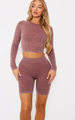 PLT SPORT Deep Brown Acid Wash Seamless Rib Ruched Bum Booty Shorts