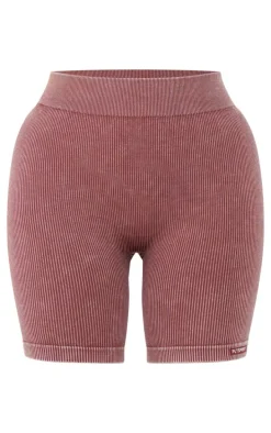 PLT SPORT Deep Brown Acid Wash Seamless Rib Ruched Bum Booty Shorts