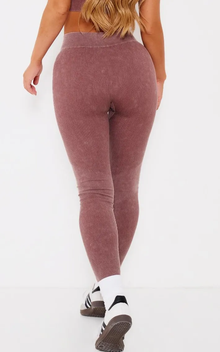 PLT SPORT Deep Brown Acid Wash Seamless Rib High Waist Gym Leggings