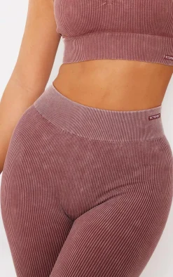 PLT SPORT Deep Brown Acid Wash Seamless Rib High Waist Gym Leggings