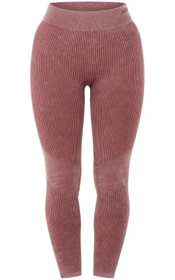 PLT SPORT Deep Brown Acid Wash Seamless Rib High Waist Gym Leggings