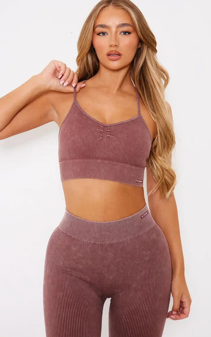 PLT SPORT Deep Brown Acid Wash Seamless Rib Longline Cage Back Sports Bra