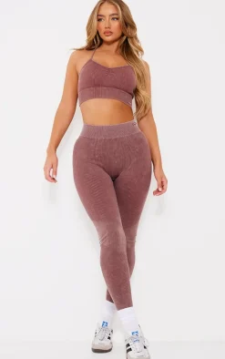 PLT SPORT Deep Brown Acid Wash Seamless Rib Longline Cage Back Sports Bra