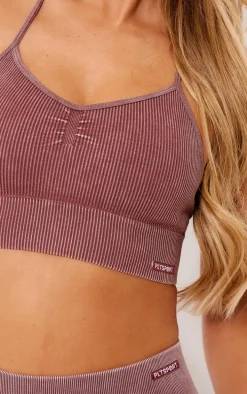 PLT SPORT Deep Brown Acid Wash Seamless Rib Longline Cage Back Sports Bra