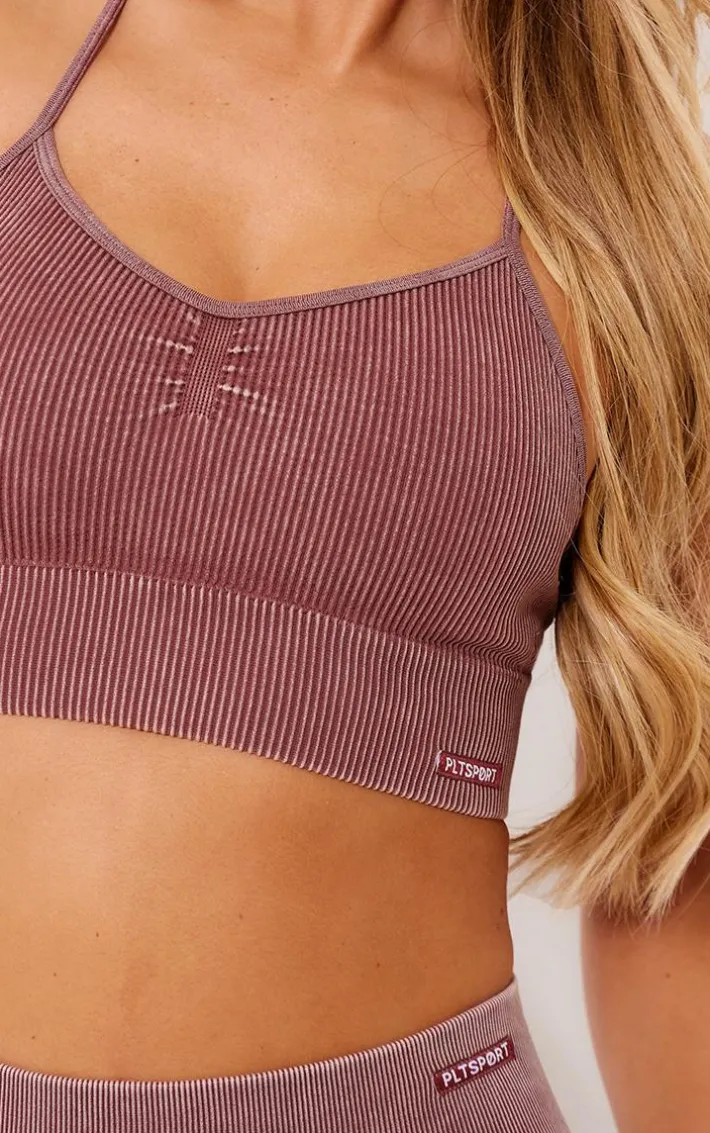 PLT SPORT Deep Brown Acid Wash Seamless Rib Longline Cage Back Sports Bra