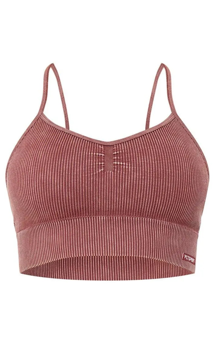 PLT SPORT Deep Brown Acid Wash Seamless Rib Longline Cage Back Sports Bra