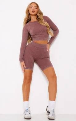 PLT SPORT Deep Brown Acid Wash Seamless Rib Long Sleeve Sports Top