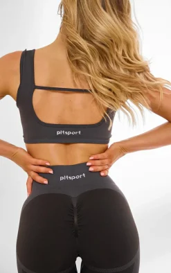PLT SPORT Deep Charcoal Seamless Ruched Front Open Back Plunge Sports Bra