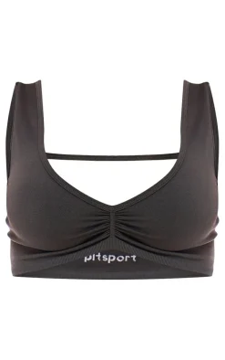 PLT SPORT Deep Charcoal Seamless Ruched Front Open Back Plunge Sports Bra