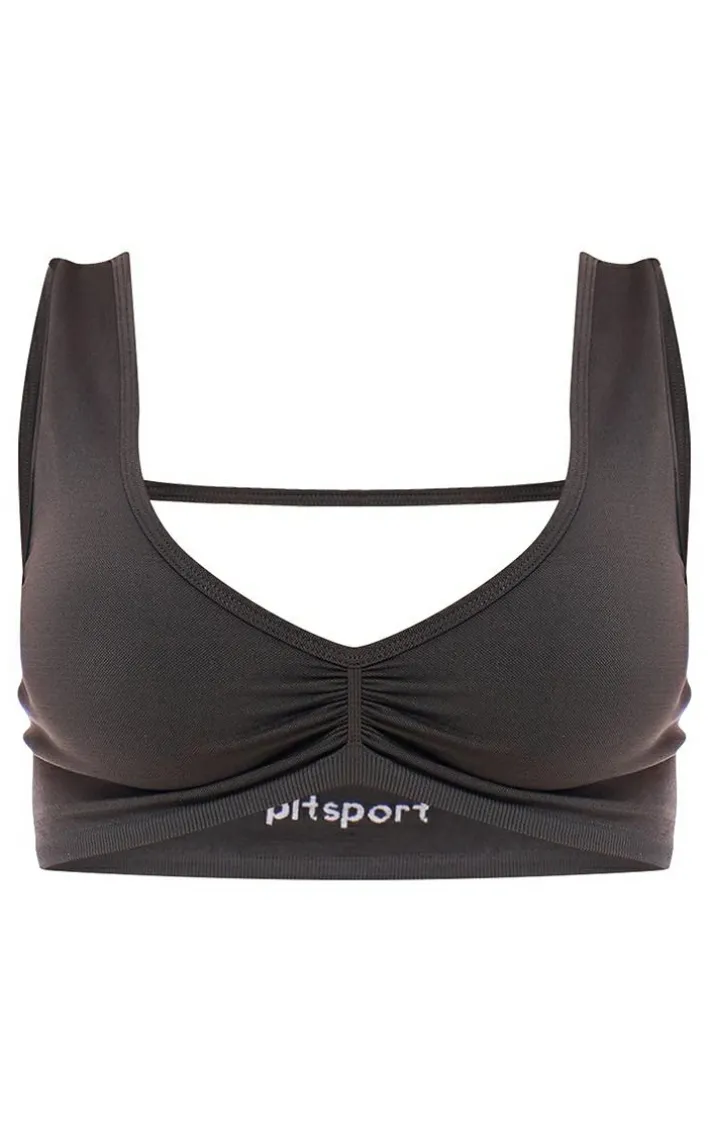 PLT SPORT Deep Charcoal Seamless Ruched Front Open Back Plunge Sports Bra