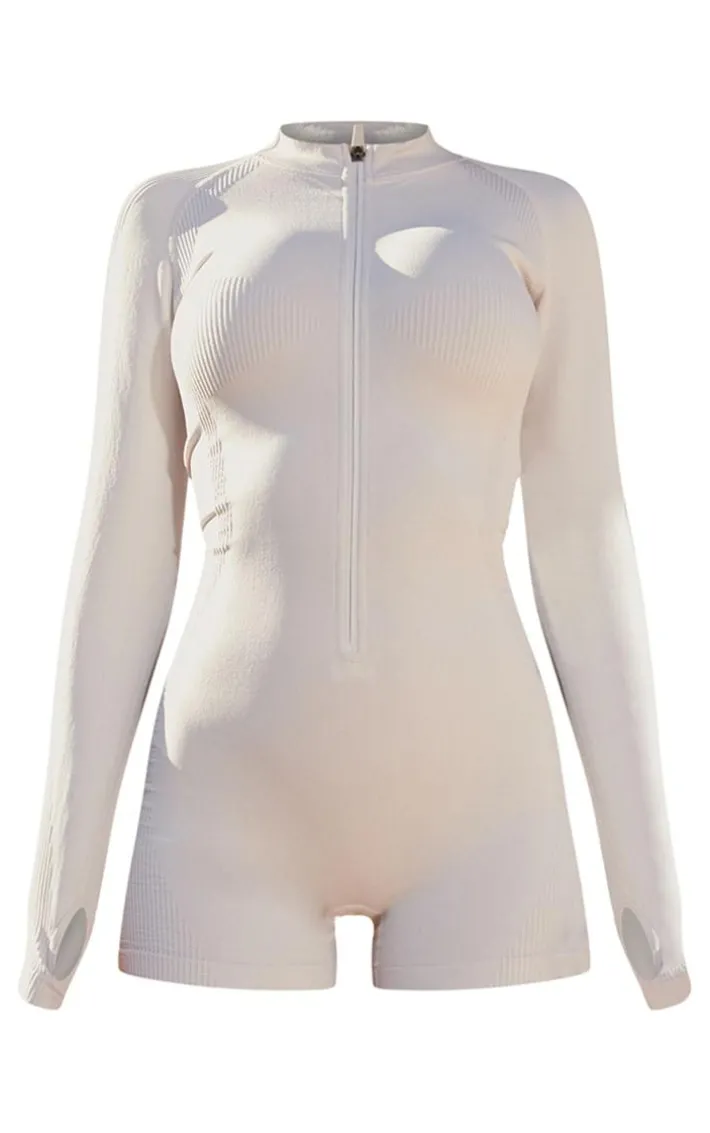 PLT SPORT Ice Grey Acid Wash Seamless Rib Panel Metallic Badge Short Gym Unitard