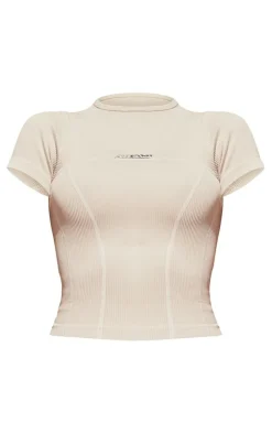 PLT SPORT Ice Grey Acid Wash Seamless Rib Metallic Badge Gym Top