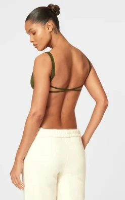 PLT SPORT Khaki Seamless Ribbed Detail Open Back Sports Bra