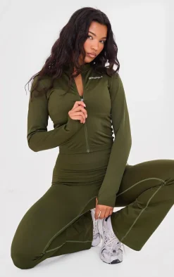 PLT SPORT Khaki Seamless Ribbed Detail Zip Up Sports Jacket