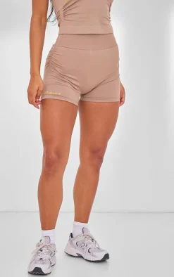 PLT SPORT Light Mocha Seamless Contrast Branding Booty Shorts