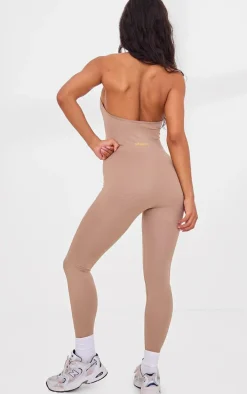 PLT SPORT Light Mocha Seamless Ruched Side Halterneck Unitard