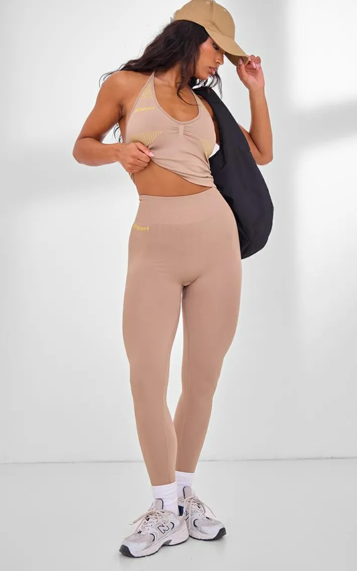PLT SPORT Light Mocha Seamless Contrast Branding High Waist Leggings