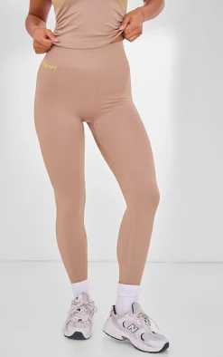 PLT SPORT Light Mocha Seamless Contrast Branding High Waist Leggings