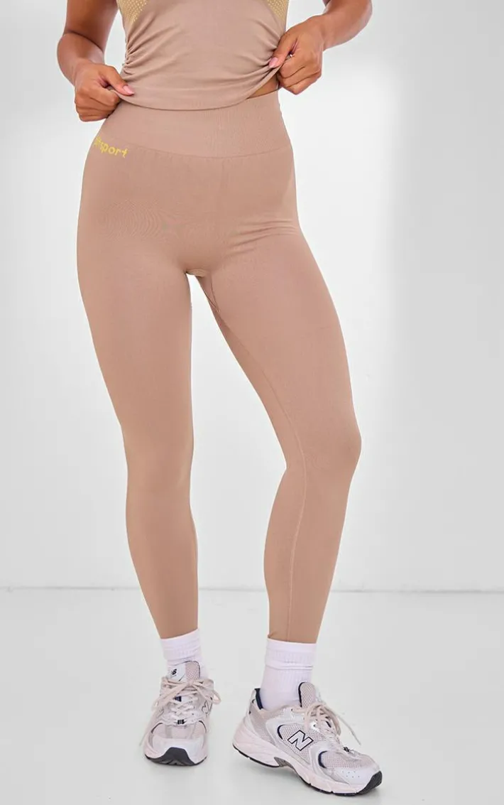 PLT SPORT Light Mocha Seamless Contrast Branding High Waist Leggings