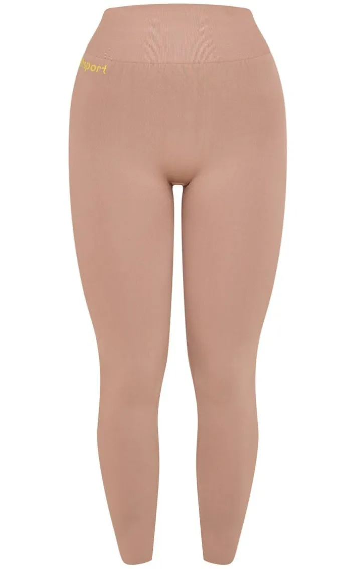 PLT SPORT Light Mocha Seamless Contrast Branding High Waist Leggings
