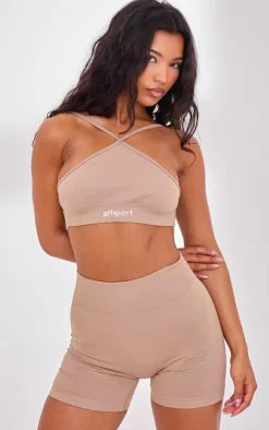 PLT SPORT Light Mocha Seamless Halterneck Open Back Sports Bra